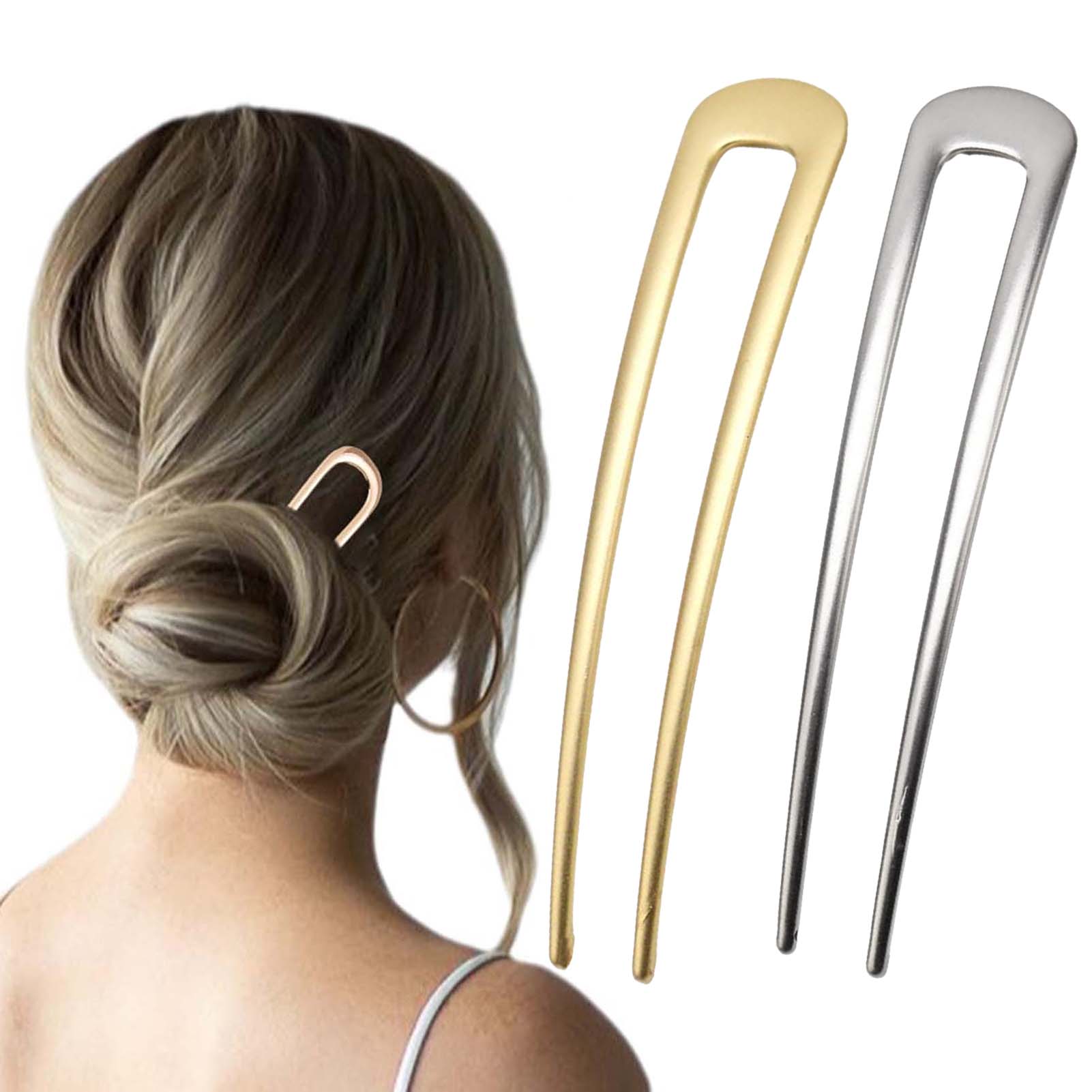 Hair Fork Stick - フランス製U字型ヘアピン ヴィンテージメタルヘアフォークスティック 女性用 厚い髪用スタイリングアクセサリー ゴールドシルバーカラー バンツール