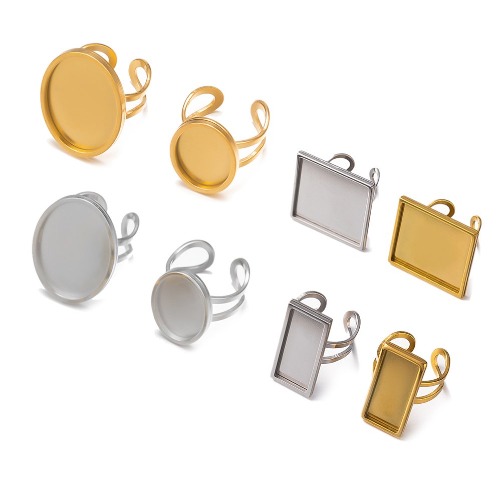 Ring Set Adjustable - 4 個ステンレス鋼ゴールデンブランク調整可能なリングフラットラウンドカボションベーストレイ設定 DIY ジュエリー作成所見供給
