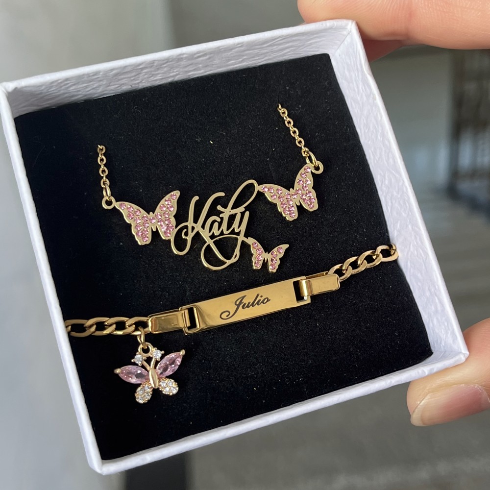 Women Accessories Gift Set - Duoying-カスタムネームネームネームネームネームプレートネックレス、刻印された名前のチャームブレスレット、パーソナライズされた誕生日ストーン、ステンレス鋼、ピンクの蝶セット