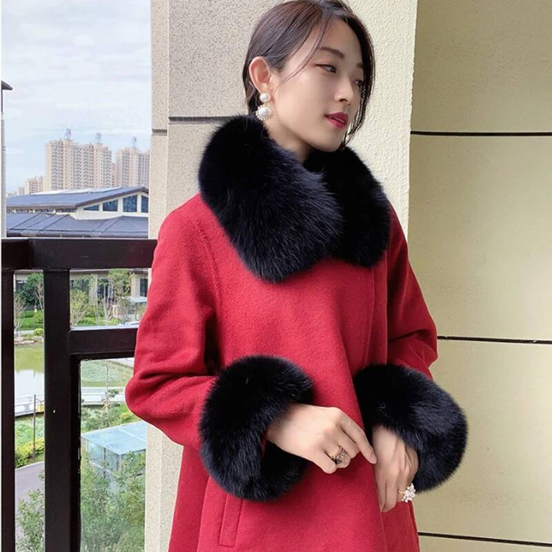 Women'S Winter Accessories Set - 女性用フォックスファーカラーウィンターコート,フード,スカーフ,袖口セット,ジャケット,オーバーコート,ネックウォーマー,スカーフ,アクセサリー,100% リアル