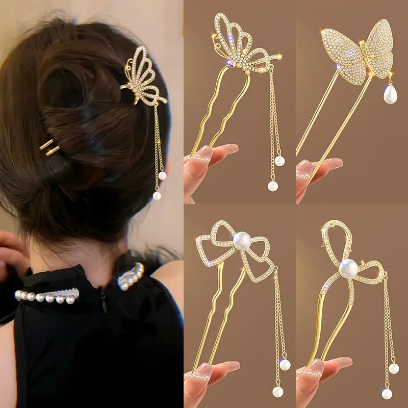 Women Accessories On Sale - アンティーク調パールラインストーン高級U字型タッセルヘアピン 新作中華風リボンカチューシャ ヘッドピース ヘアアクセサリー