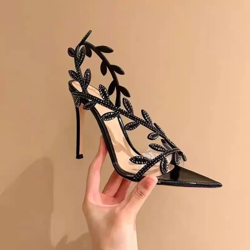Women'S Accessories Trends 2025 - 夏の新 2025 黄金の枝と翡翠の葉ハイヒール黒の尖った先端セクシーなフレンチ サンダルオープントゥ スティレット チップ