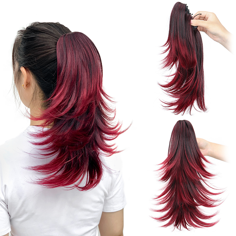 Hair Claw Clip Set - 14 インチ合成ショートカーリーレイヤードポニーテールヘアエクステンション爪クリップ髪レッドブロンド黒ヘアピース女性のための