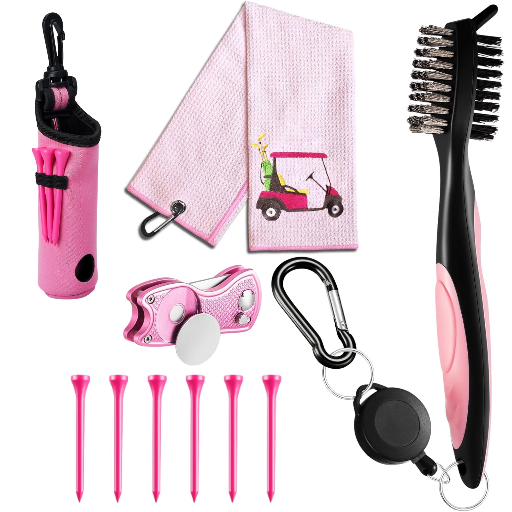Women'S Golf Accessories - 10点ゴルフアクセサリーキット、フック付きゴルフボールバッグ、タオル、ティー、磁気ボールマーカー、ディボットツール、クリーナーブラシ（女性用）を含む