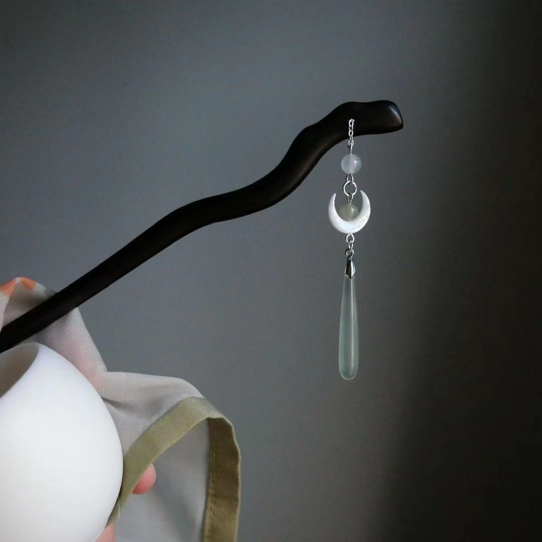 Hair Fork Stick - 伝統的な木製黒髪スティック中国風韓服ムーンタッセルヘアピンクリップヴィンテージ箸帽子女性ジュエリー