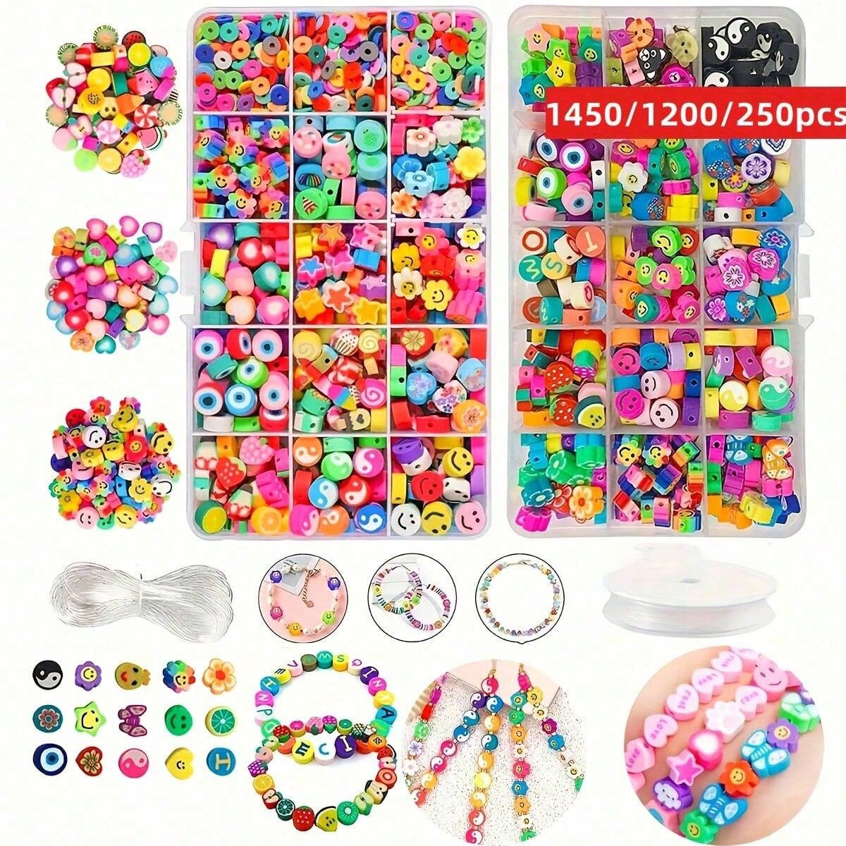 Women Accessories Gift Set - 1450/1200/250個入りポリマークレイビーズセット、ボックス、ゴム紐束、DIYジュエリー製作、イヤリング、ブレスレット、ネックレス
