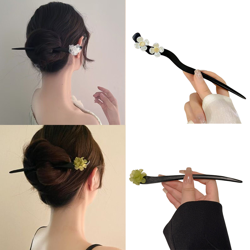 Hair Fork Stick - ヴィンテージ中国風の木製花ヘアスティックパールヘアピンジュエリー女性のための気質ヘアアクセサリーウェディングスタイリング gif