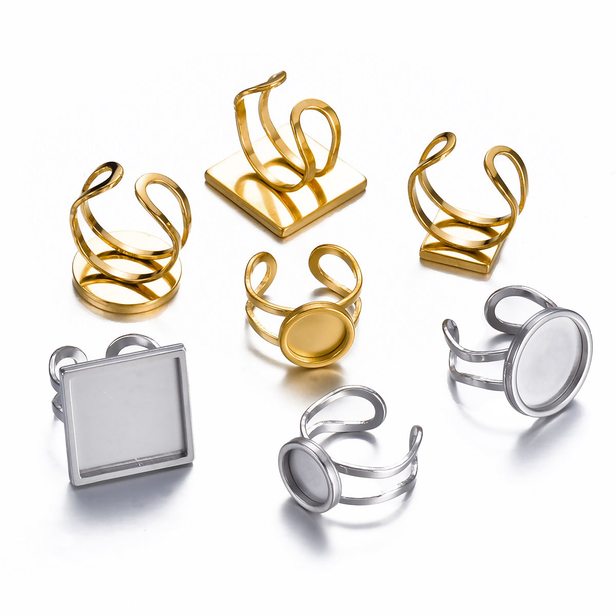 Ring Set Adjustable - 4 個のステンレス鋼の調節可能なリングラウンドスクエアセッティングブランクベースガラスカボションベゼルジュエリー作り用 10mm-25mm に適合