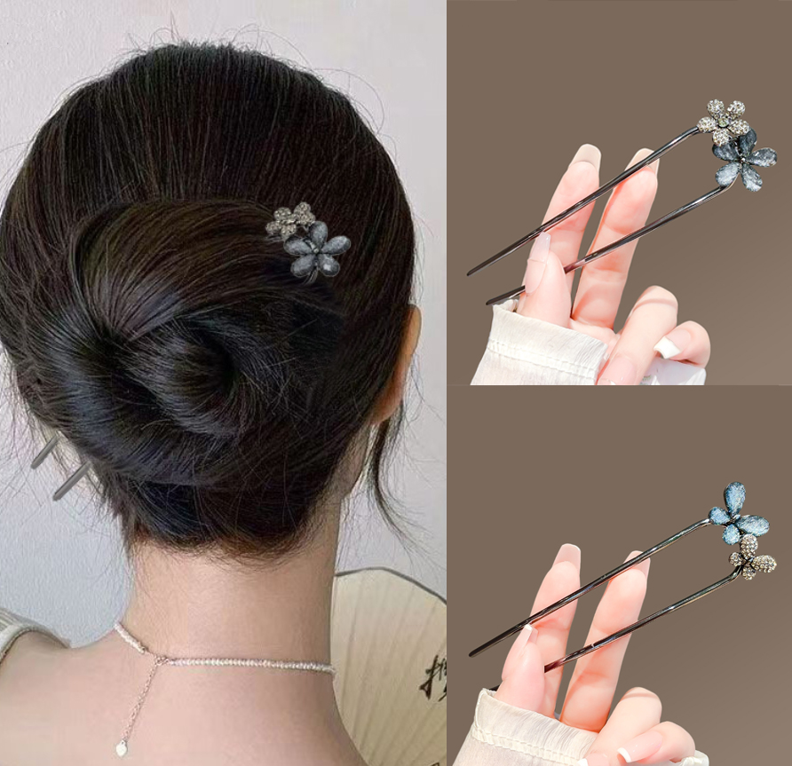 Hair Fork Stick - ヴィンテージ花蝶ヘアスティック女性女の子用メタル U 字型ヘアピンブルークリスタルヘアフォークアップドゥお団子ヘアアクセサリー