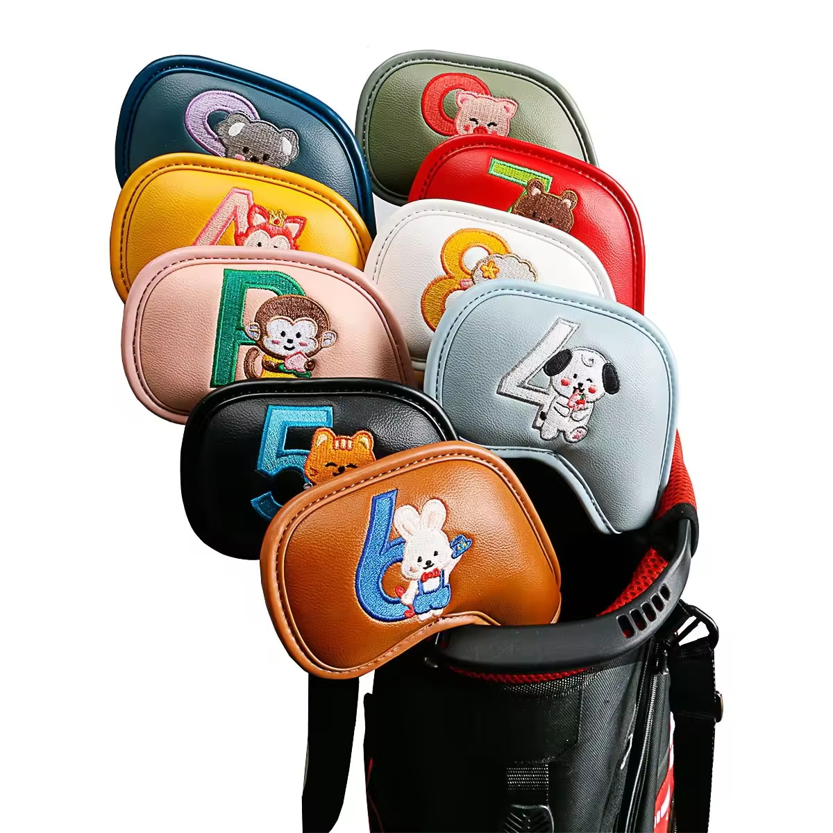Women'S Golf Accessories - 9個入りのかわいい漫画風動物ゴルフアイアンヘッドカバー、PUレザー刺繍クラブプロテクター、男性女性ゴルファーへのゴルフアクセサリーギフト