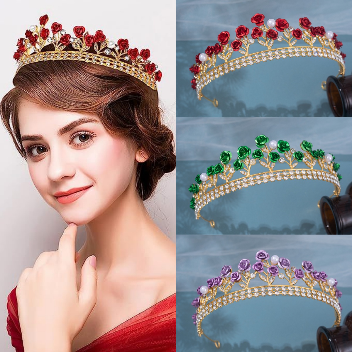 Women'S Accessories And Jewelry - バロックセラミックブライダルクラウンラインストーンプロムディアデムヘアピースクリスタルパールローズクラウンティアラウェディングヘアアクセサリージュエリー
