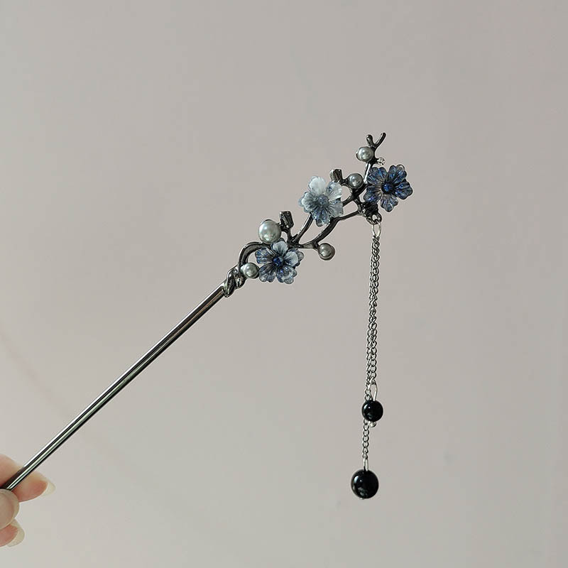 Hair Fork Stick - クラシックヘアスティック箸インクカラーフラワーメタルフリンジヘアピン女性用パールブラックビーズチャイナヘアバンジュエリーギフト