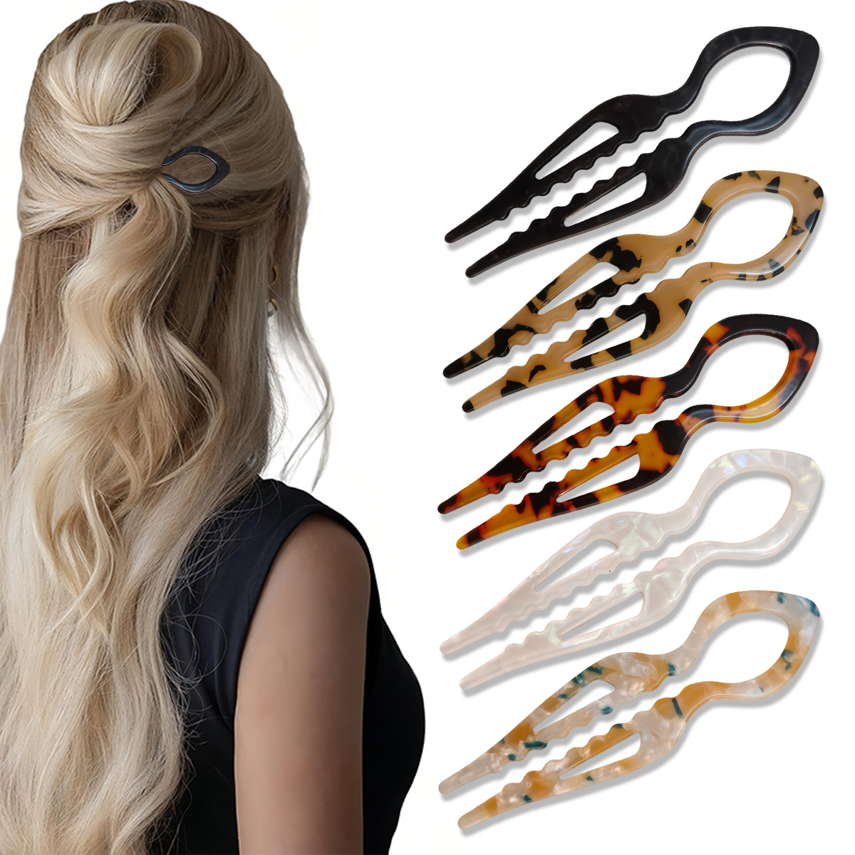 U 字型ヘアスティックべっ甲アクリル滑り止めヘアピン女性のた - Hair Fork Stick のレビューと価格