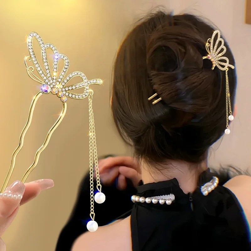 アンティーク調パールラインストーン高級U字型タッセルヘアピン - Women Accessories On Sale のレビューと価格