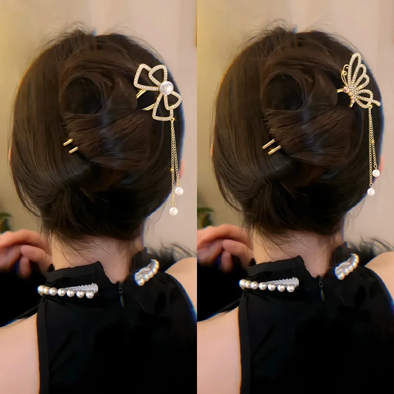 アンティーク調パールラインストーン高級U字型タッセルヘアピン - Women Accessories On Sale のレビューと価格